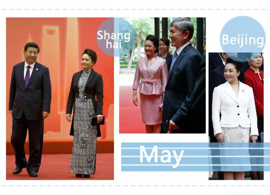 2014年5月,亚洲相互协作与信任措施会议第四次峰会在上海举行,彭麻麻选择了燕尾服式的黑色上衣,并搭配了蜡染印花的海军蓝白长裙。 In May 2014, during the 4th Conference on Interaction and Confidence Building Measures in Asia summit in Shanghai, Peng Liyuan wore a black tailcoat style jacket, and a graphic batik print,